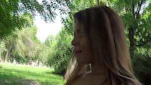 Cute girl outside fucking on a bench for cash