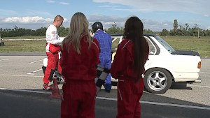 Horny at the racetrack part 1: Blondes driving