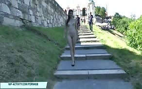 Sexy as fuck girl gets totally naked and walks around the streets for the public to see her in her birthday suit...